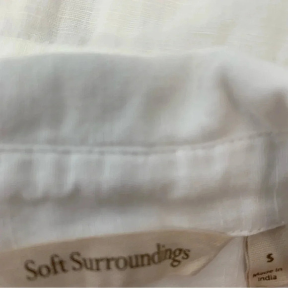 Soft Surroundings White Top Small  Linen Cotton Tunic Button Up Blue Trim Travel - Picture 8 of 11